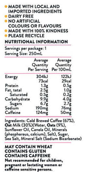Text listing ingredients and nutritional values for The Kind Coffee Co. Oat Latte.