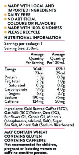 Text listing ingredients and nutritional values for The Kind Coffee Co. Oat Latte.