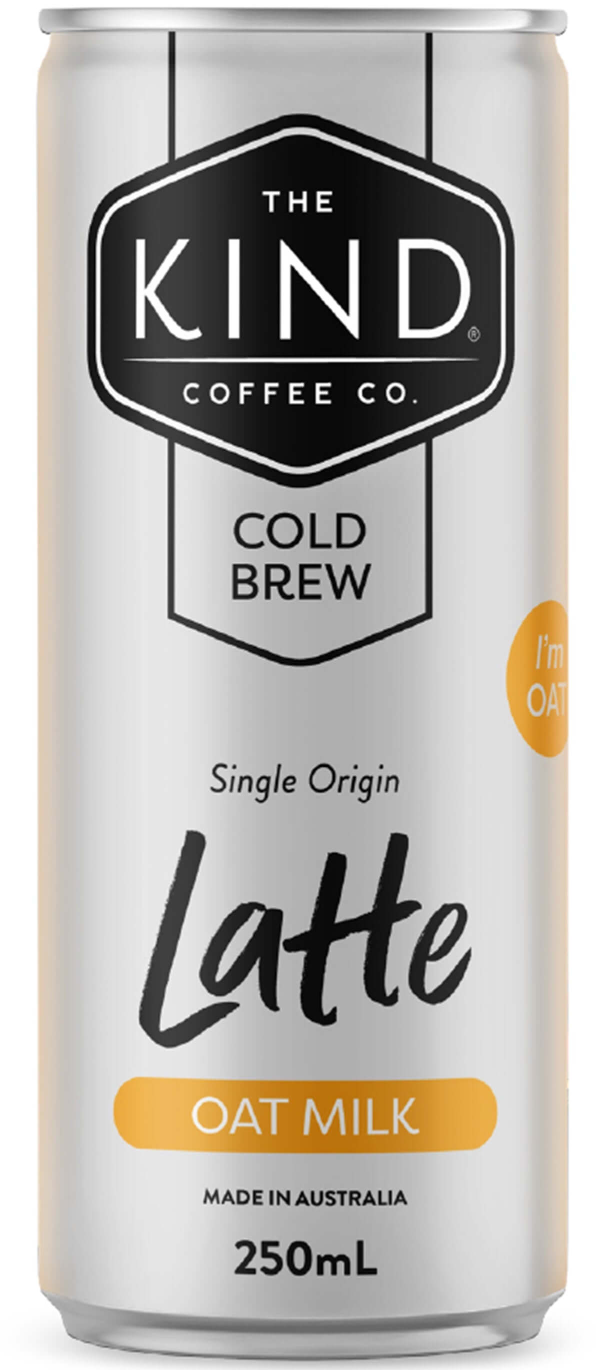 Silver aluminium can of The Kind Coffee Co. Cold Brew Single Origin Oat Latte. Black and orange text on the label.