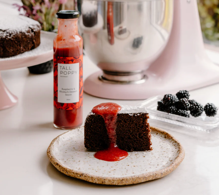 Tall Poppy Chocolate Cake with Raspberry & Rhubarb Dessert Sauce