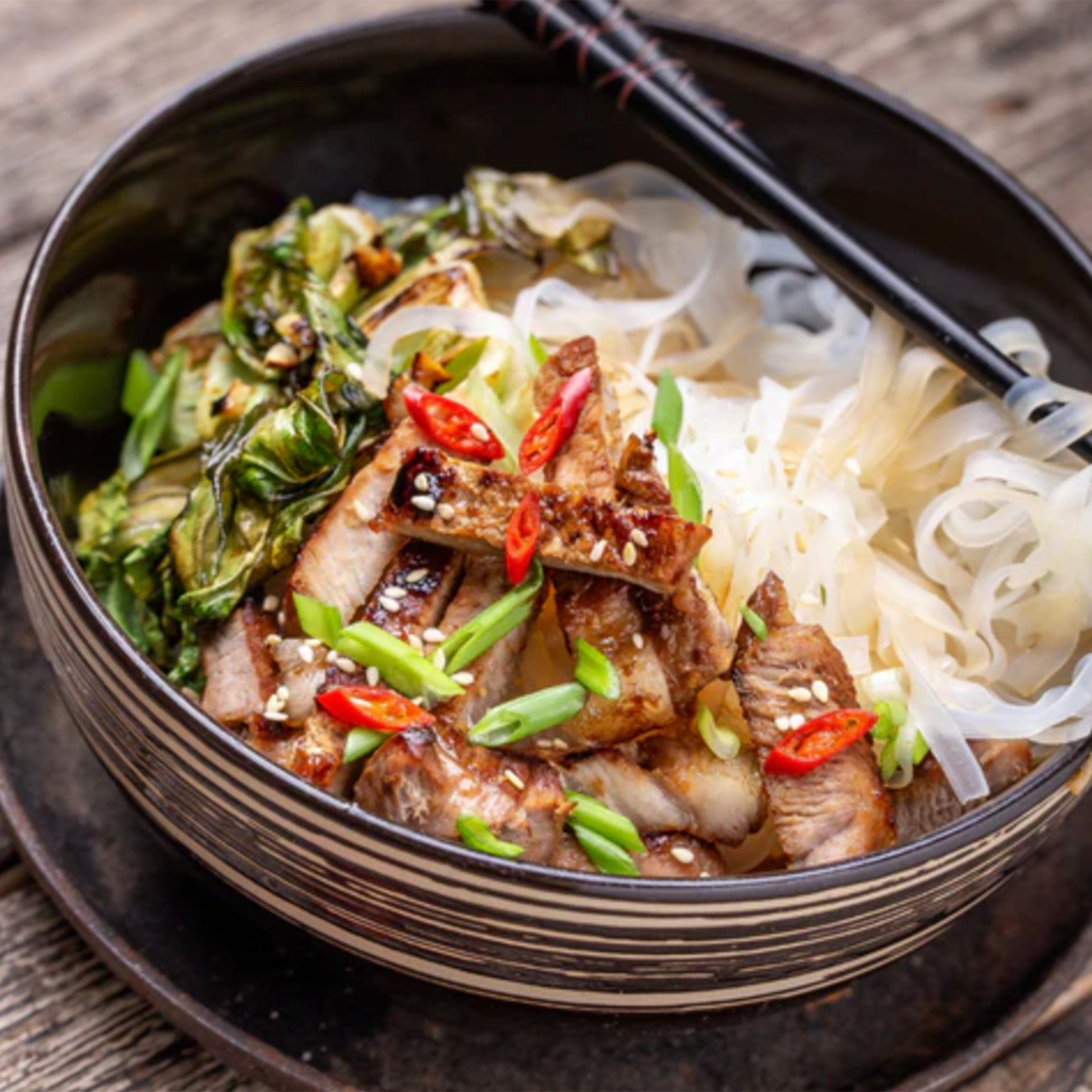 Josh & Sue Harissa Glazed Pork with Rice Noodles & Charred Vegetables