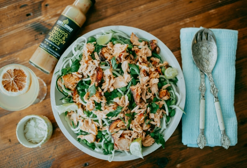 Lang's Gourmet Grilled Salmon with Zucchini noodles and Edamame drizzled in Lang's Mango Chilli Coconut Dressing