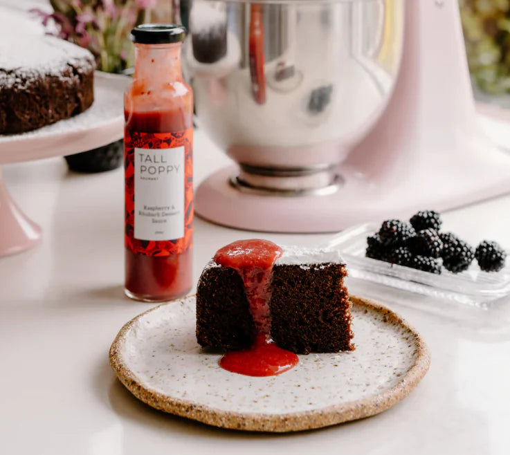 Tall Poppy Chocolate Cake with Raspberry &amp; Rhubarb Dessert Sauce