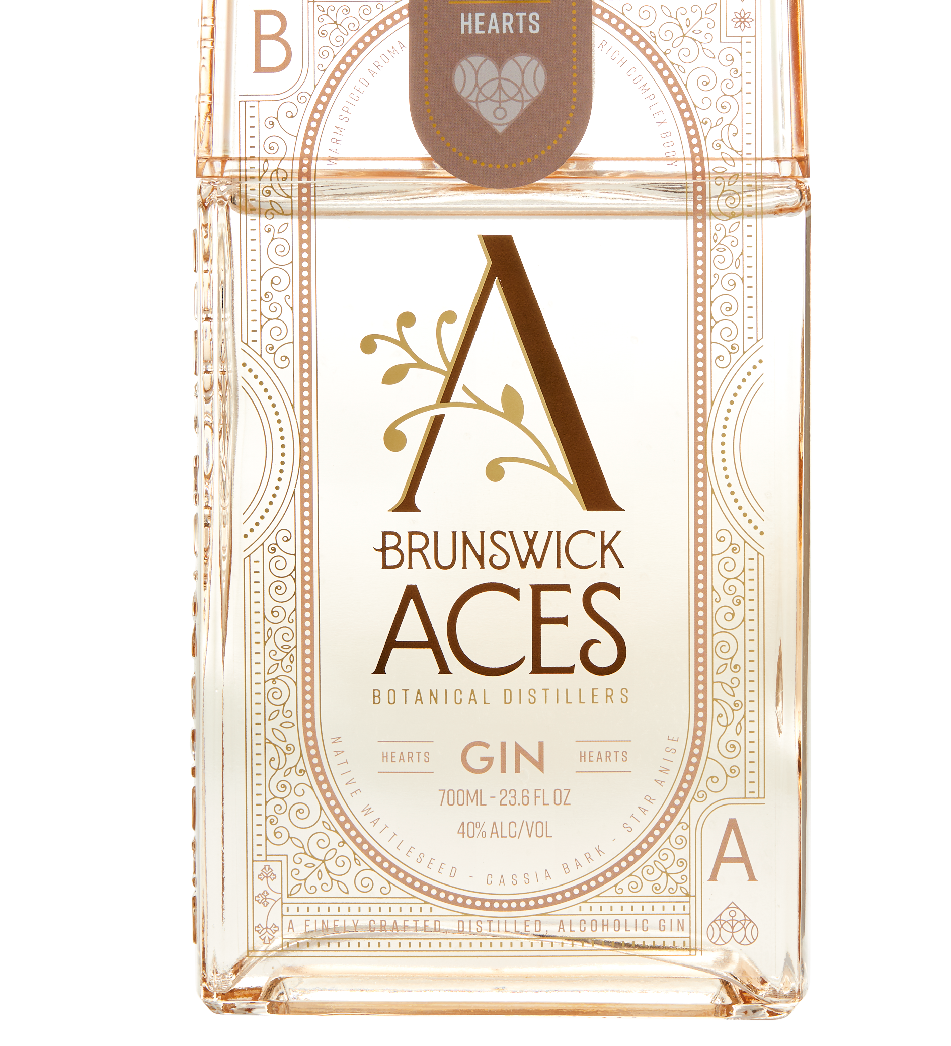 A bottle of Brunswick Aces Hearts Gin. The label features an ornate "A" logo and highlights the use of premium botanicals. The gin is 700ml with an alcohol content of 40%.