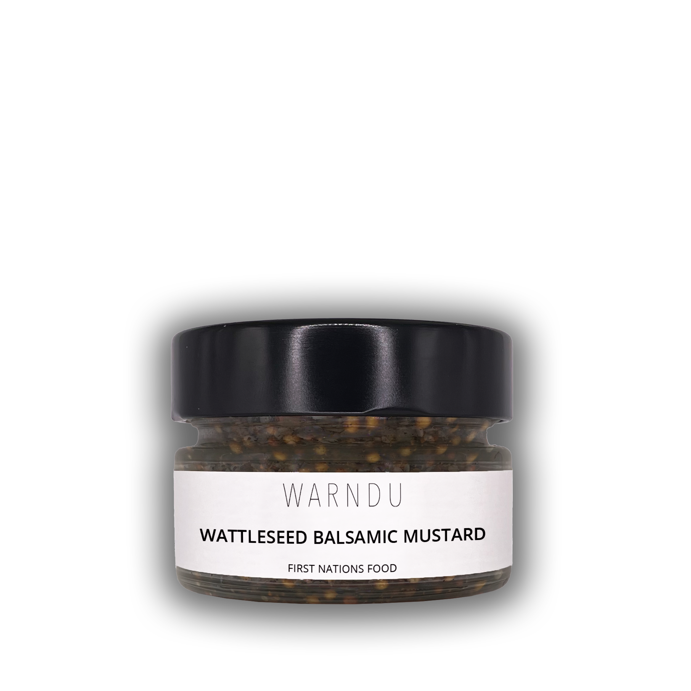 Close-up of Warndu Wattleseed Balsamic Mustard jar. Black lid, white label with product details.