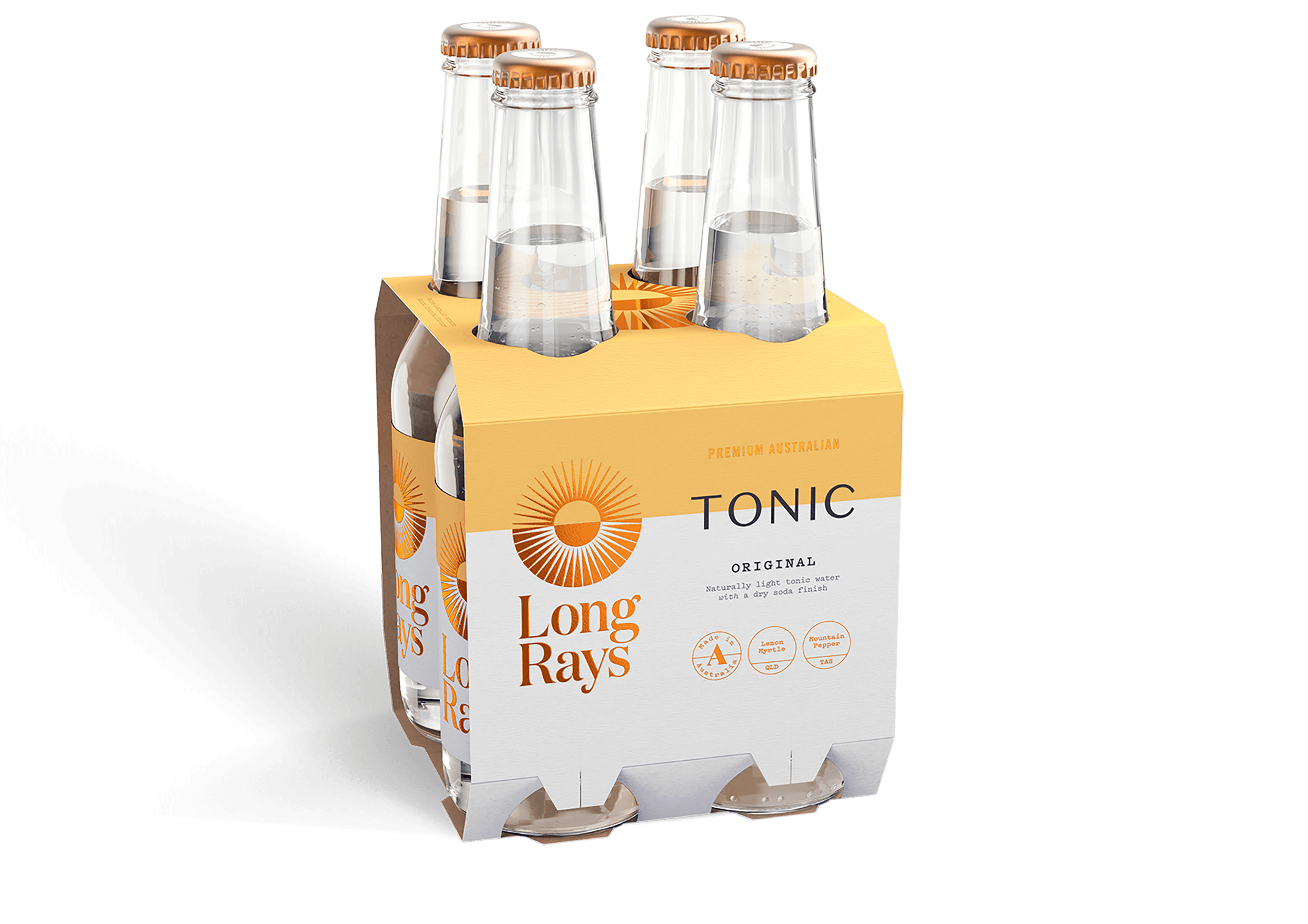 A four-pack of Long Rays Original Tonic Water bottles. The bottles are clear glass with copper-colored caps. The packaging is yellow with white and gold accents. The brand name and flavor are prominently displayed.