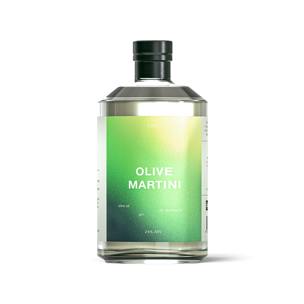 A glass bottle of Loro Olive Martini. The label is a gradient of green with the product name and ingredients listed. The bottle is on a gray background.