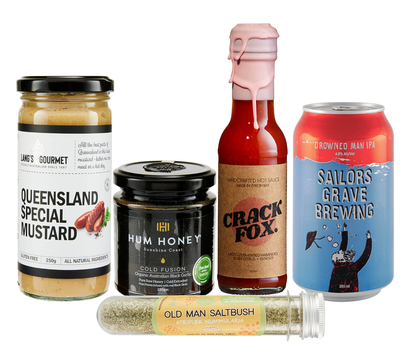 An image of a host of madebox products featured in this gift box including Mustard, Honey, Hot Sauce, IPA and Saltbush