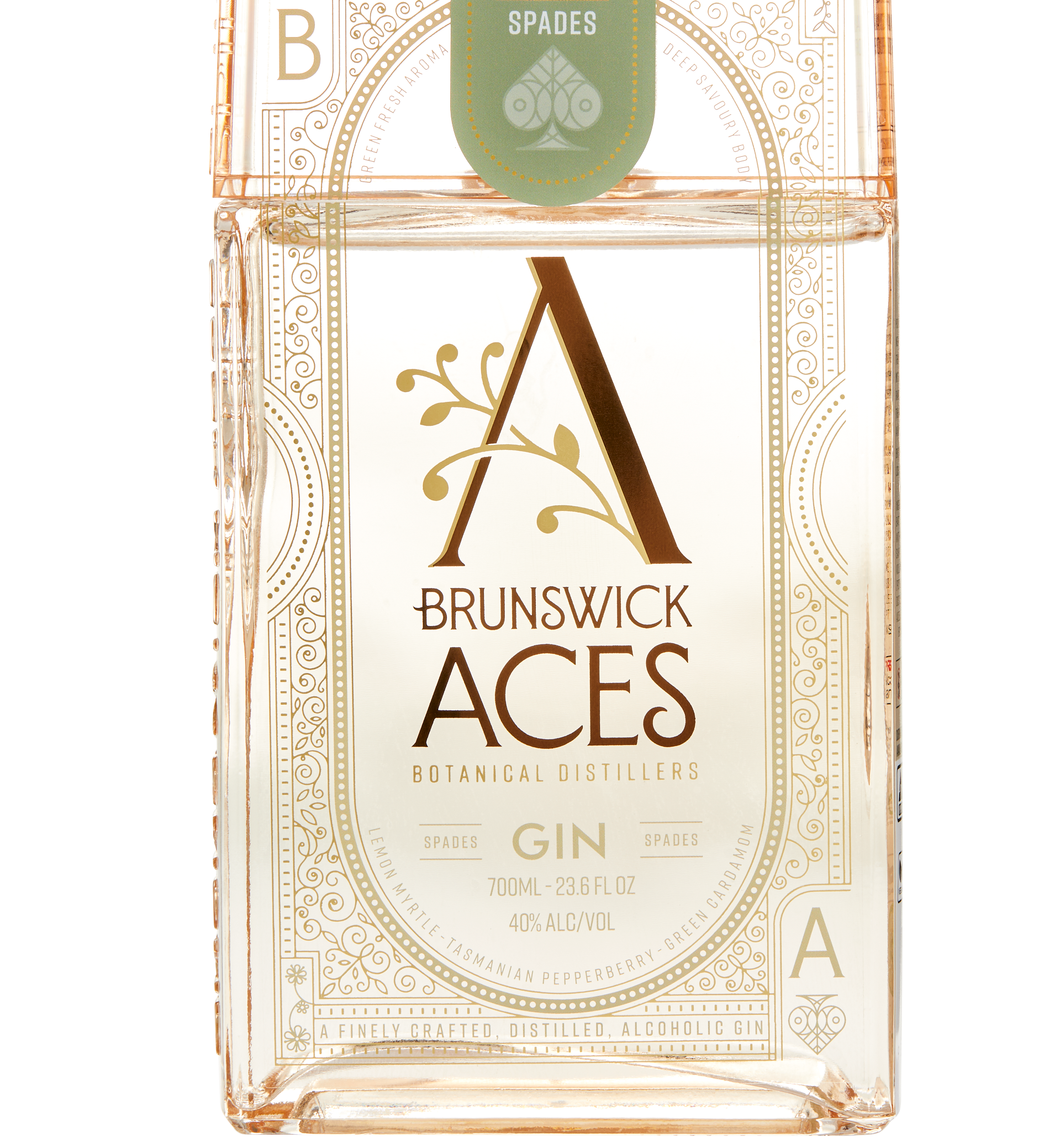 A bottle of Brunswick Aces Spades Gin. The label features an ornate "A" logo and highlights the use of premium botanicals. The gin is 700ml with an alcohol content of 40%.