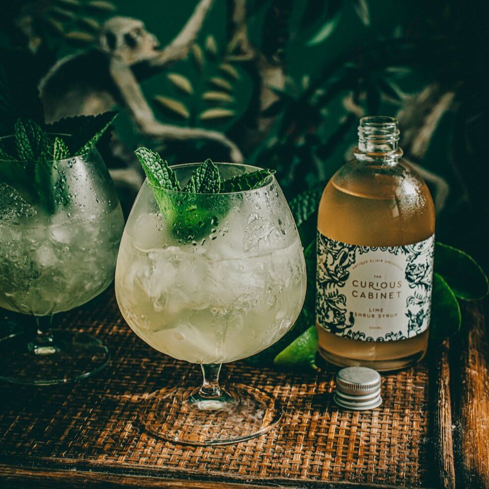Two cocktail glasses with light-colored drinks, ice, and fresh mint. Nearby, an open bottle labeled "The Curious Cabinet Lime Shrub Syrup," all set against a green leafy backdrop.