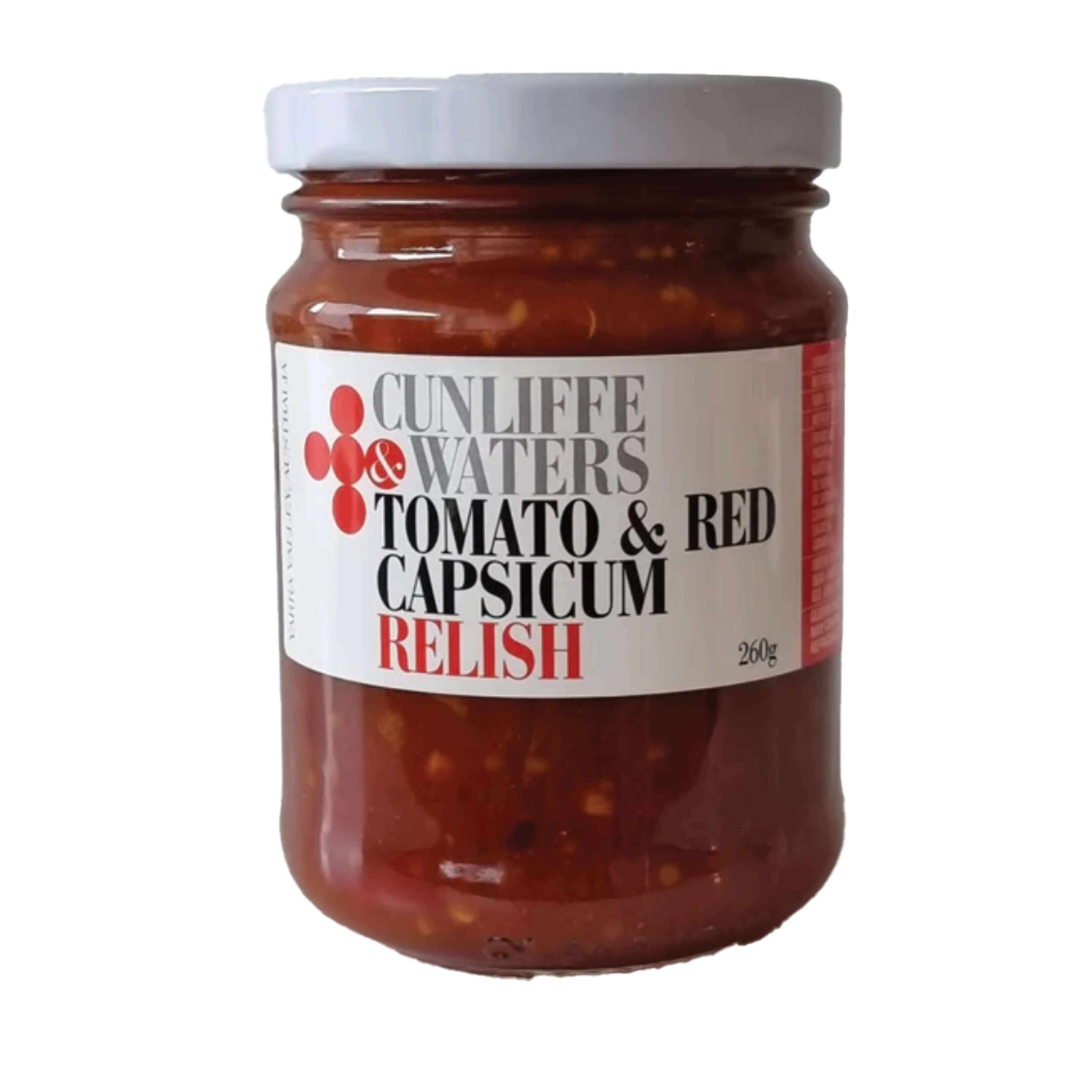 A jar of Cunliffe & Waters Tomato & Red Capsicum Relish with a white label. Label shows the brand name, product name, and weight (260g). The relish inside is chunky.