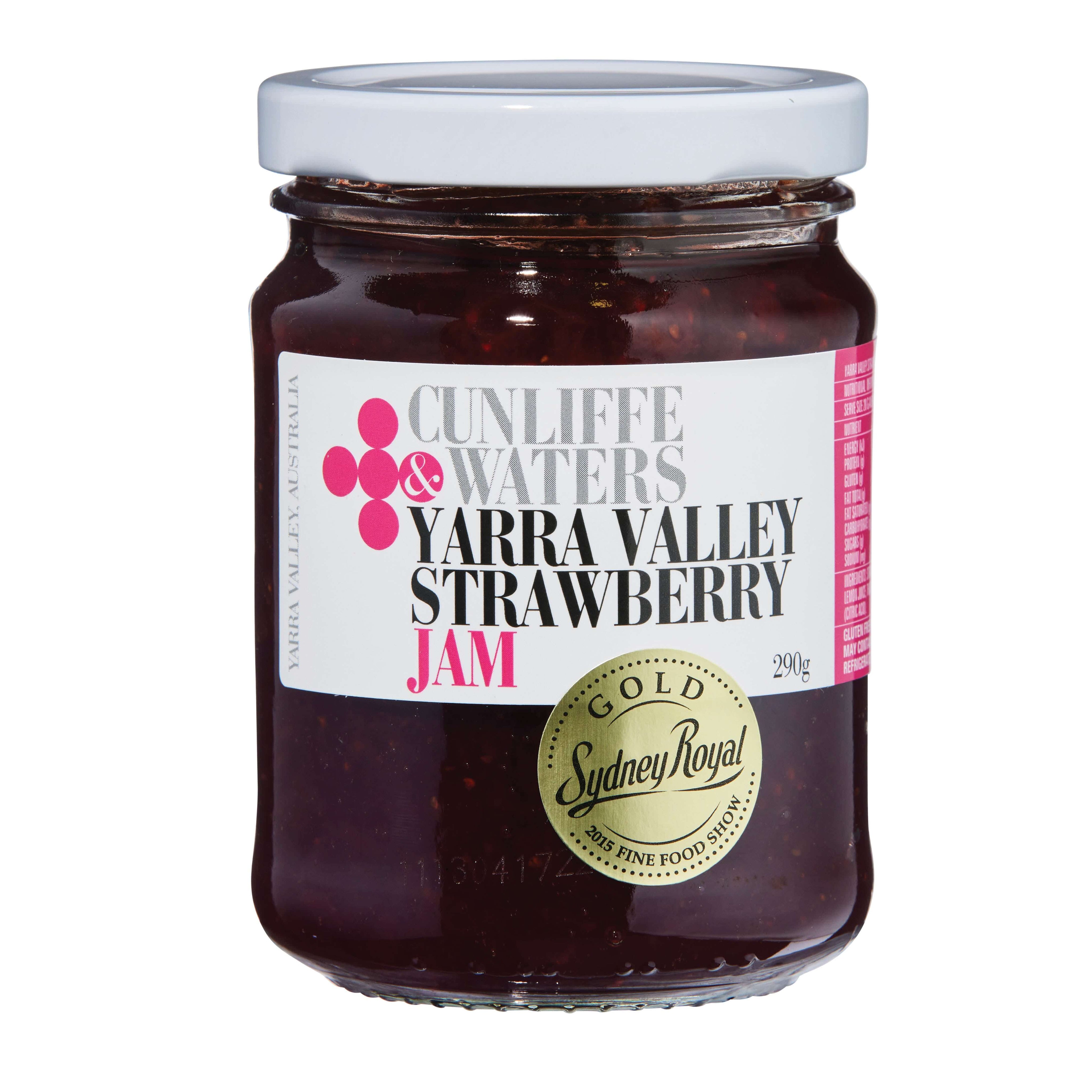 A jar of Cunliffe & Waters Yarra Valley Strawberry Jam with a white lid. The label reads "Cunliffe & Waters," "Yarra Valley Strawberry Jam," and "290g." Gold 2015 award seal visible.