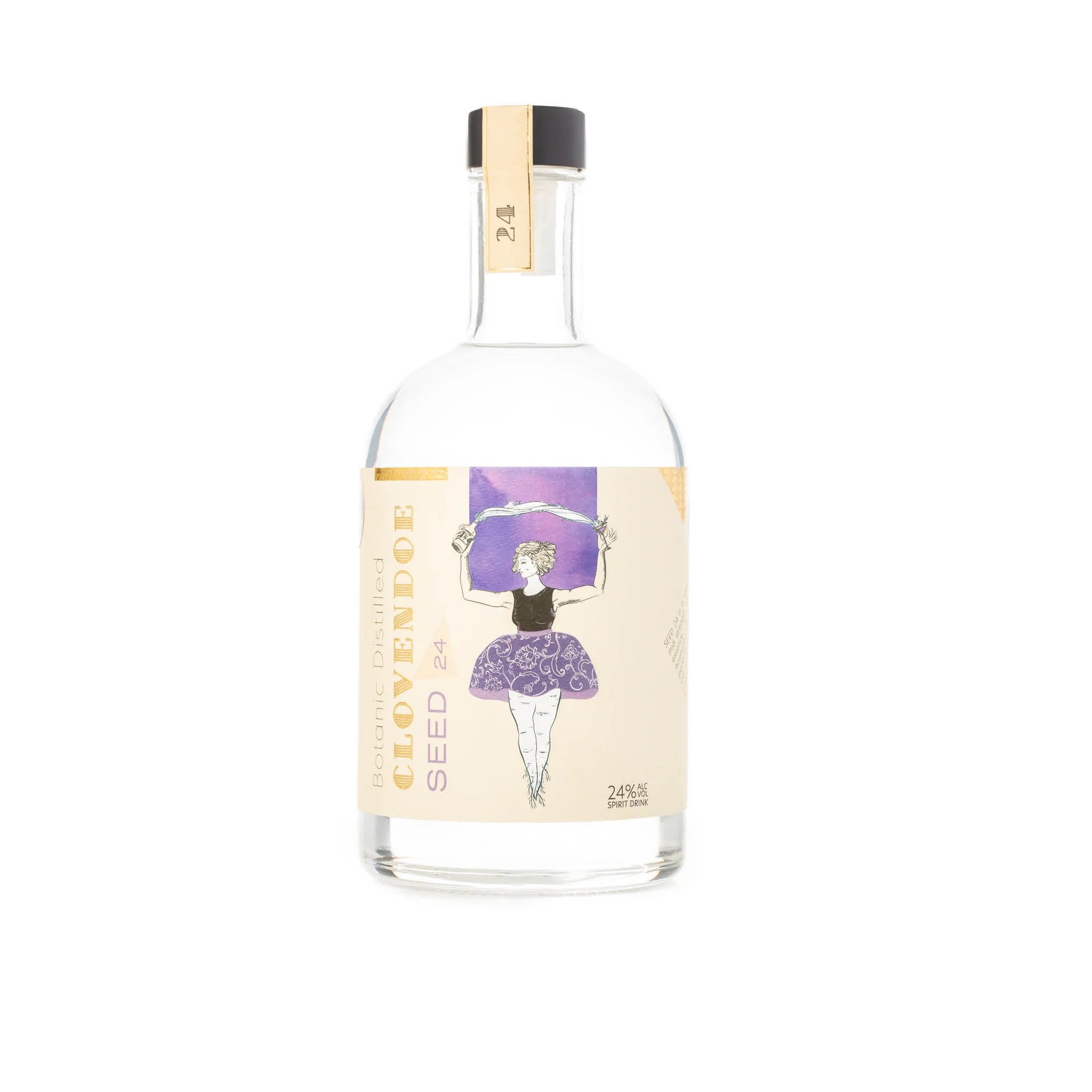 Bottle of Clovendoe Distilling low alcohol spirit Infused with organic lavender, rosemary, lemon thyme, lemon myrtle, orange and lemon peel.