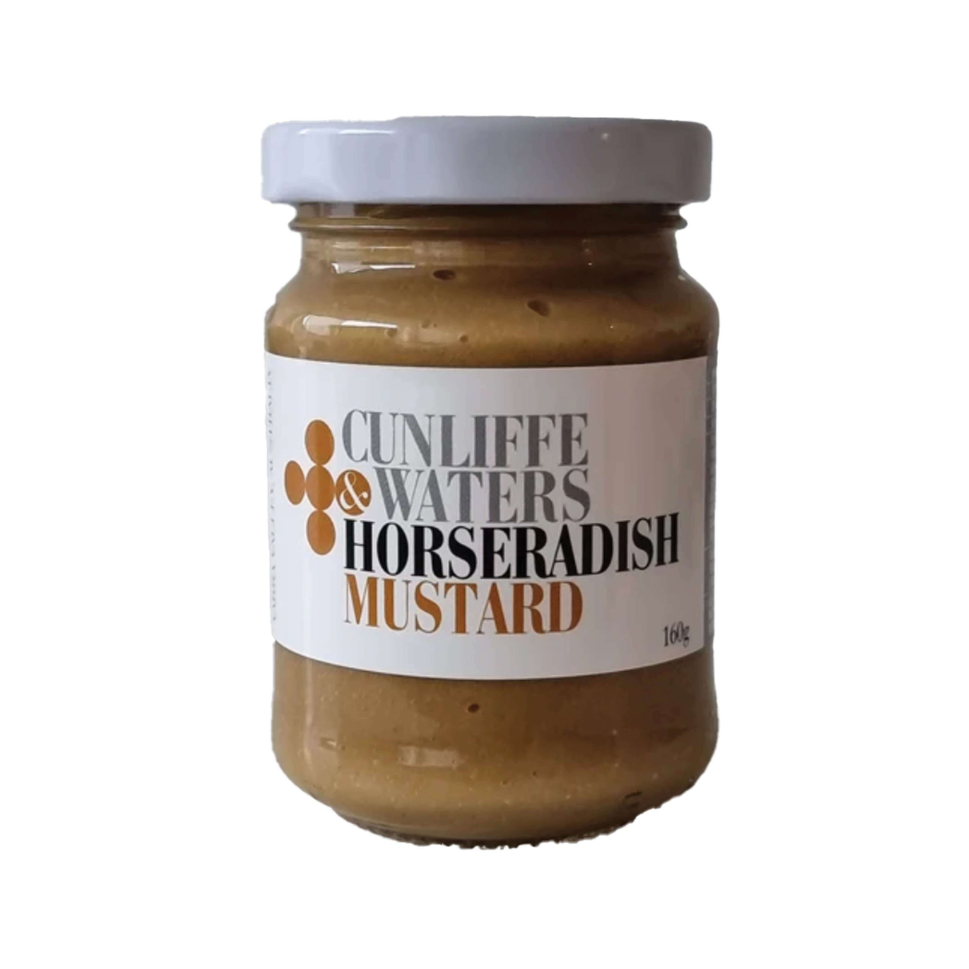 A jar of Cunliffe & Waters Horseradish Mustard with a white label. The label reads "Cunliffe & Waters," "Horseradish Mustard," and "160g." The jar has a white lid.