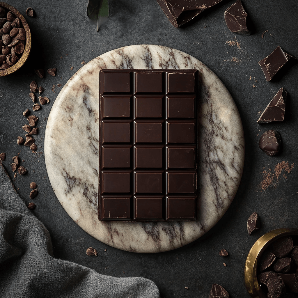 A top-down view of a dark chocolate bar resting on a round marble platter. The bar is divided into squares and surrounded by cocoa nibs, chocolate shavings, and a small bowl of cocoa powder. The image evokes a sense of luxury and indulgence.