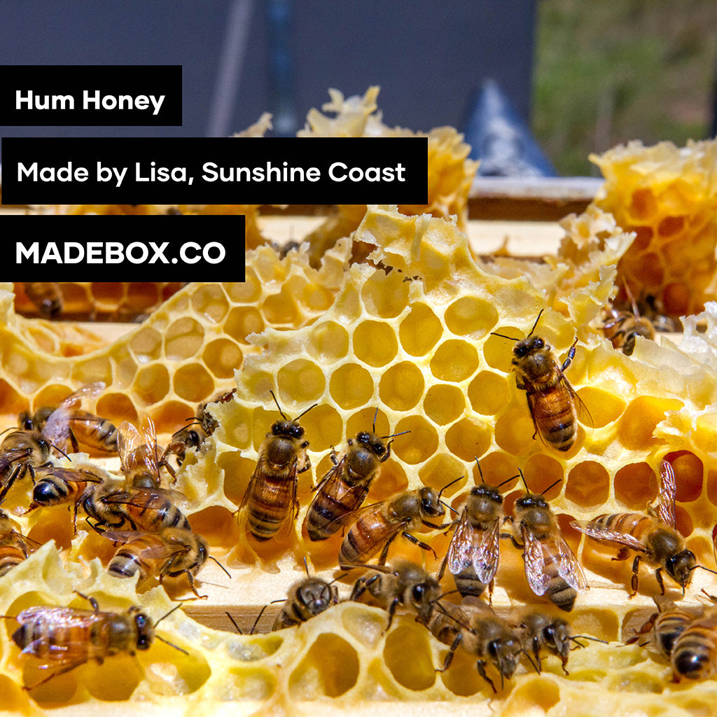 An image of bees on a piece of honeycomb enjoying freedom that most bees don't get. The text reads: Hum Honey, Made by Lisa, Sunshine Coast Madebox.co